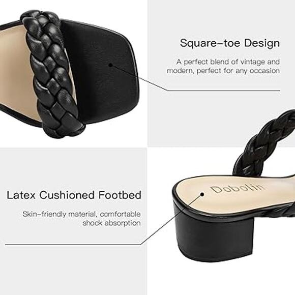 Dobolin Womens Size 7.5 Black Braided 2-Strap Open Toe 2" Chunky Heels Sandals - Picture 3 of 7